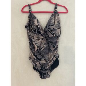 Calvin Klein Womens Snakeskin Print Twist Front One Piece Swimsuit Grey Black 14